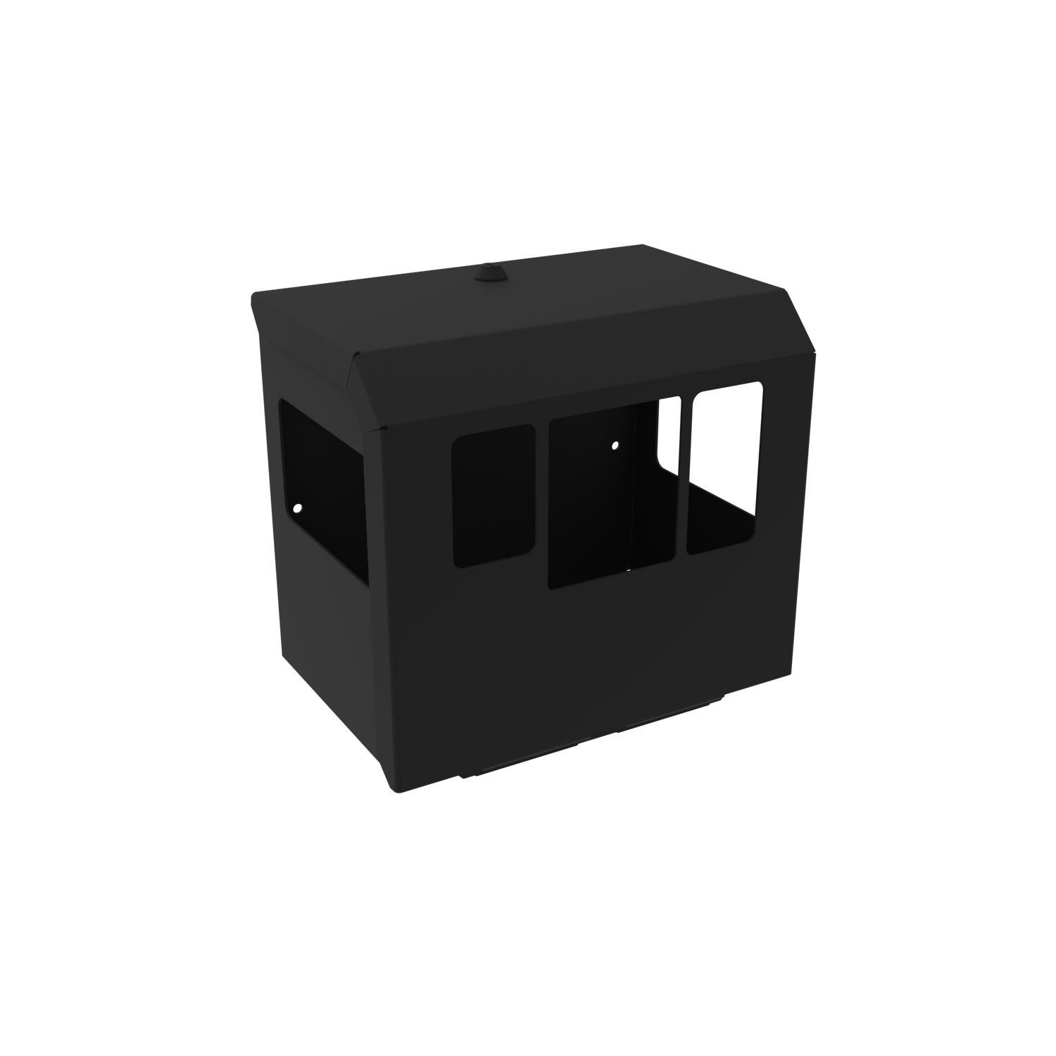 Black rectangular box with cut-out sections on a white background