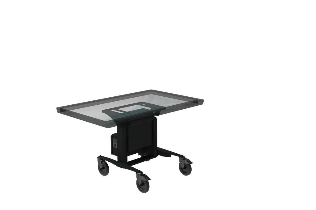 Black rolling cart with glass top on a white background