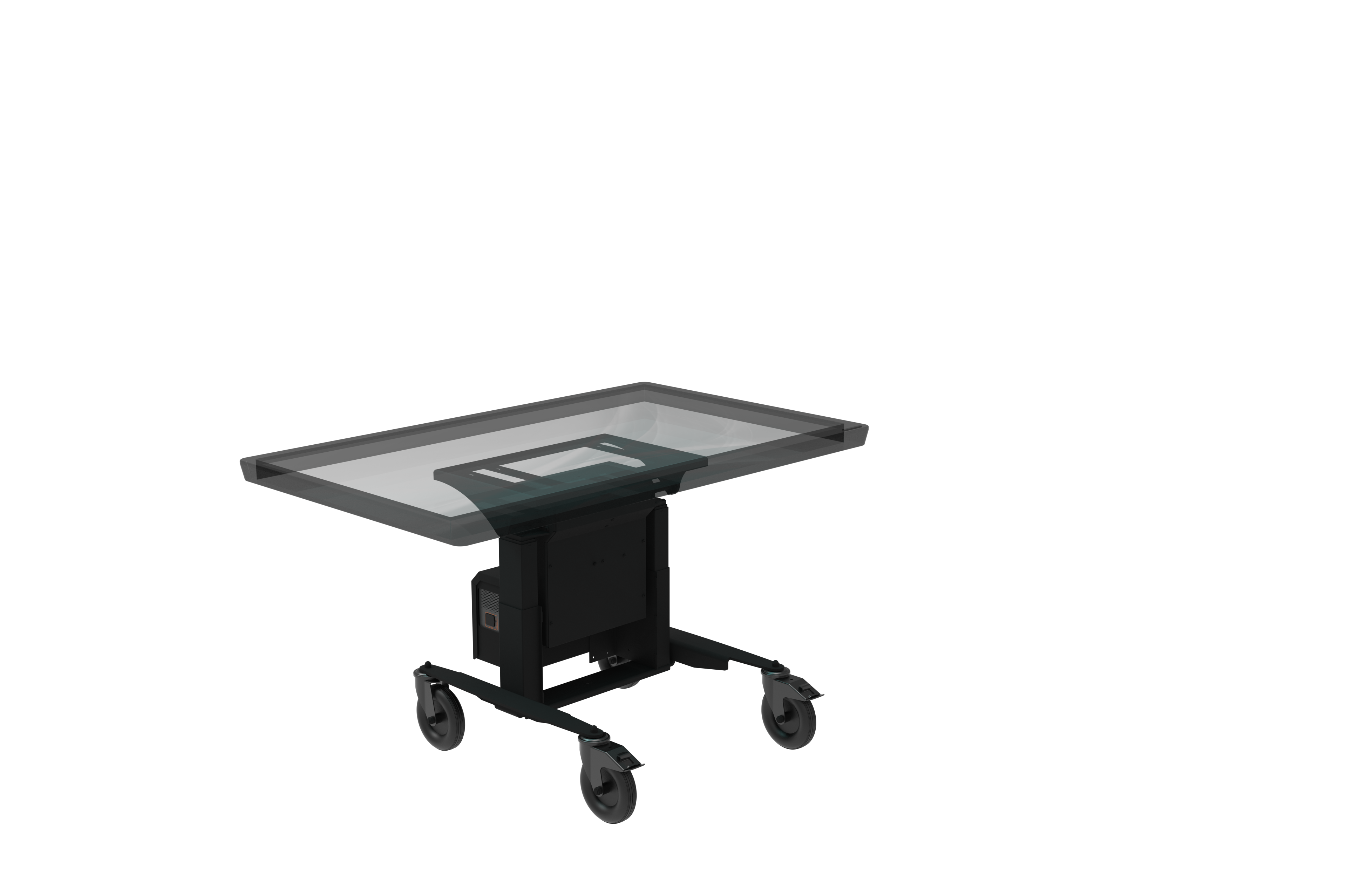 Black rolling cart with glass top on a white background