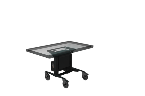 Black rolling cart with glass top on a white background