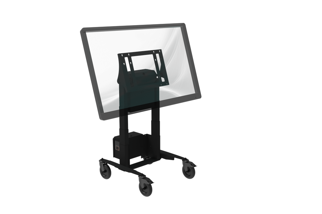 Touchscreen monitor on a wheeled stand with a white background