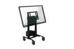 Touchscreen monitor on a wheeled stand with a white background
