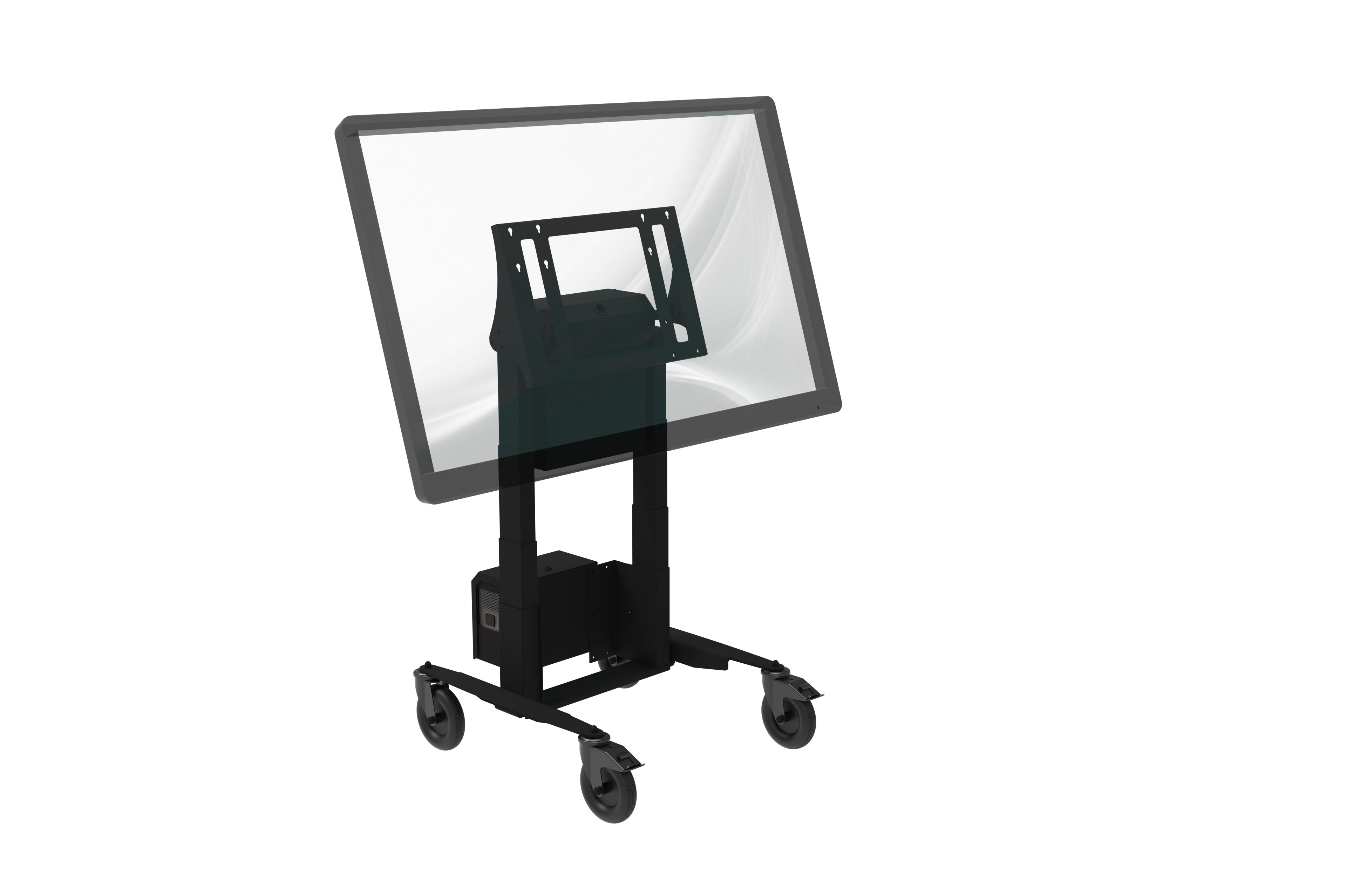 Touchscreen monitor on a wheeled stand with a white background
