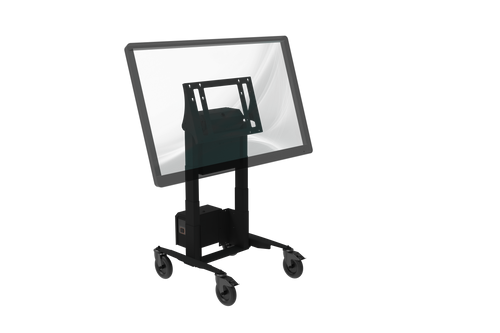 Touchscreen monitor on a wheeled stand with a white background