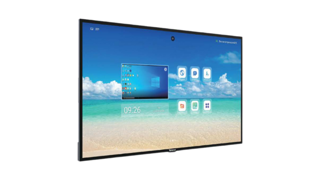 Large flat-screen television displaying a beach scene with a blue sky and white clouds.