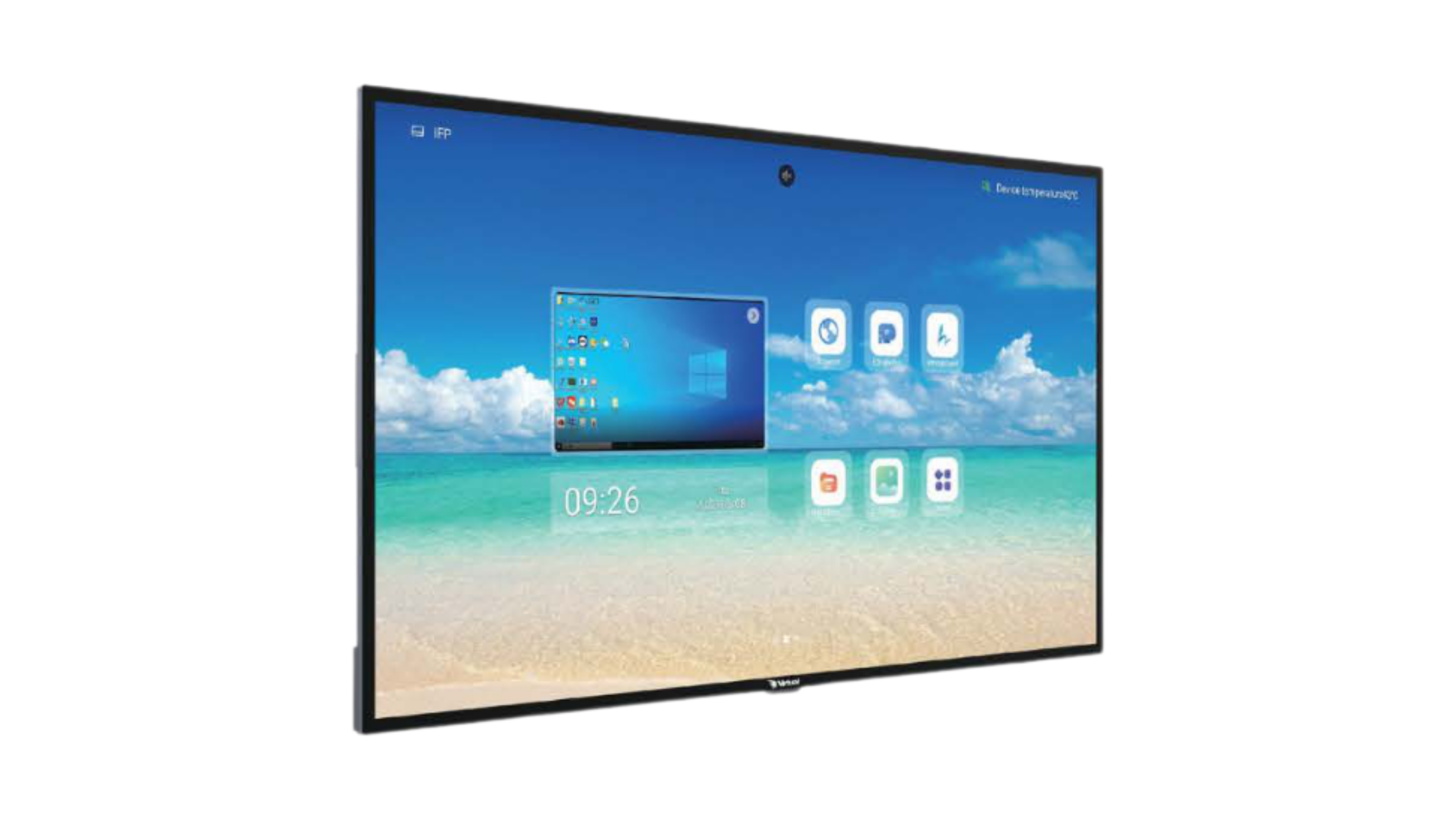 Large flat-screen television displaying a beach scene with a blue sky and white clouds.
