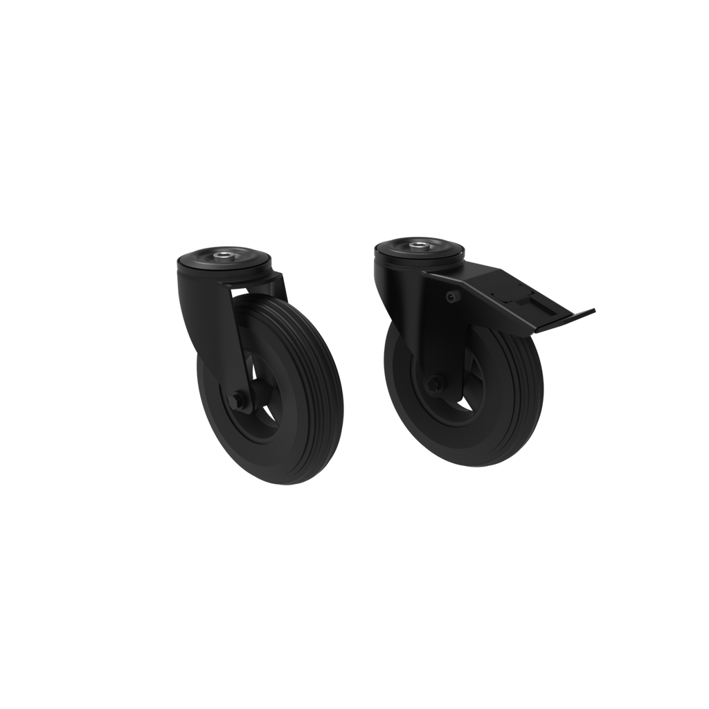 Two black wheels on a white background
