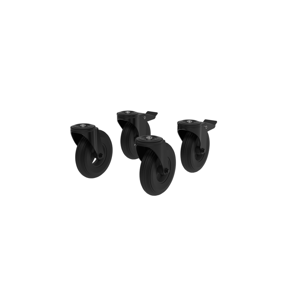 Set of four black caster wheels on a white background