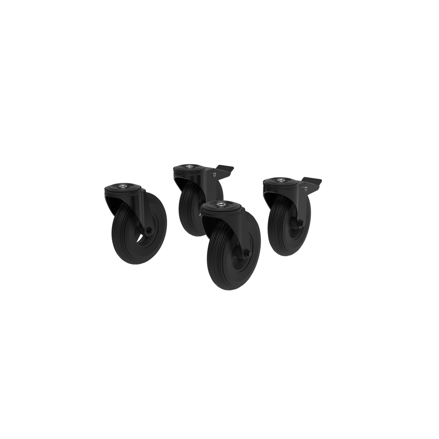 Set of four black caster wheels on a white background