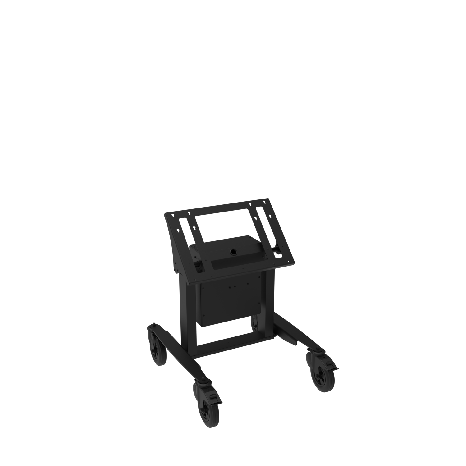 Black adjustable monitor stand on a white background